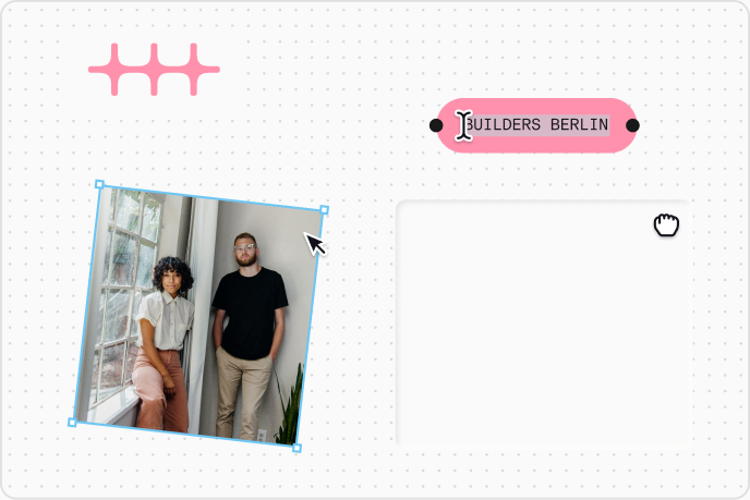 Illustration: a photo being placed on a canvas beside a pink “Builders Berlin” label and the n8n symbol, with cursors at work