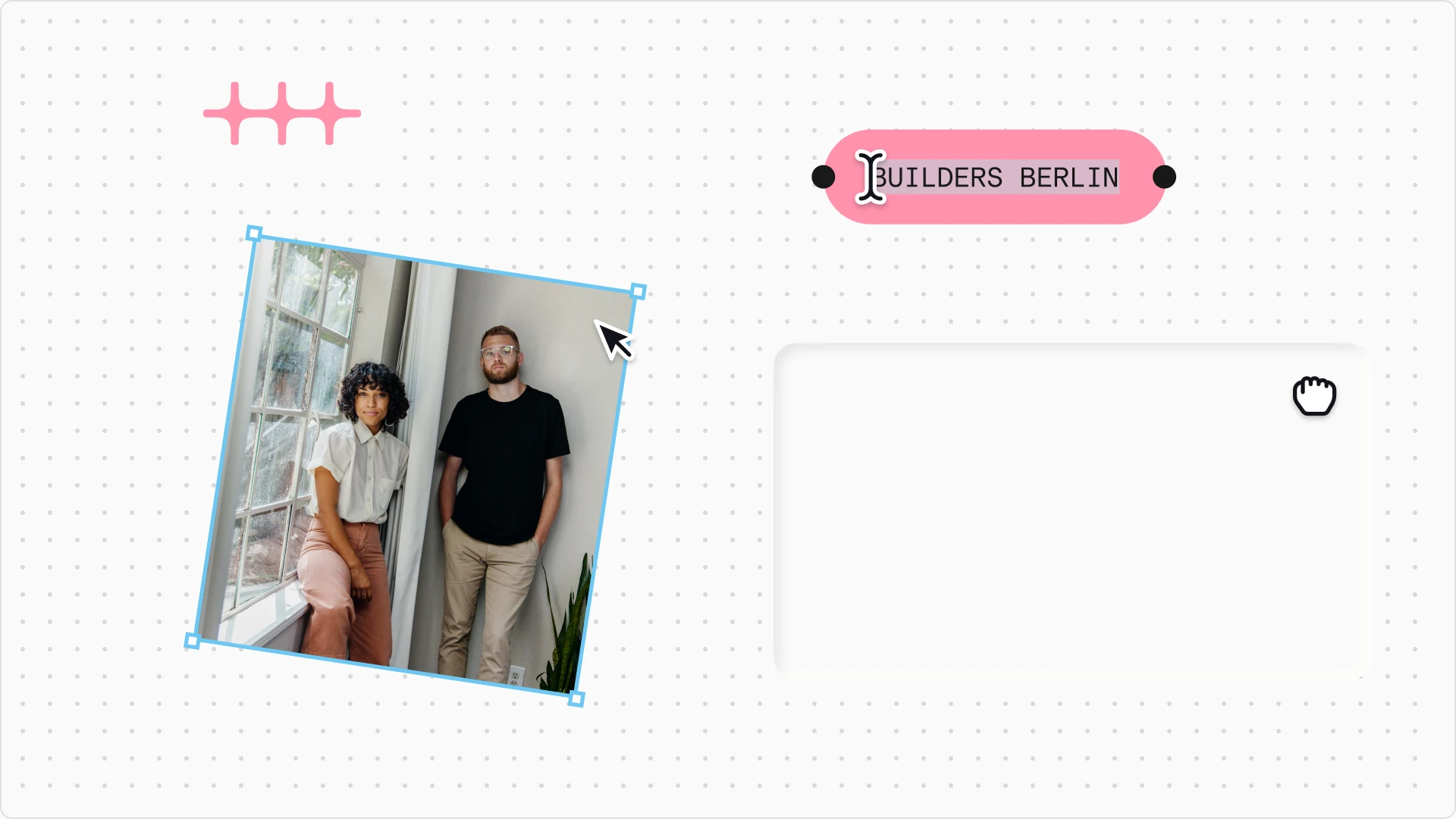 Illustration: a photo being placed on a canvas beside a pink “Builders Berlin” label and the n8n symbol, with cursors at work