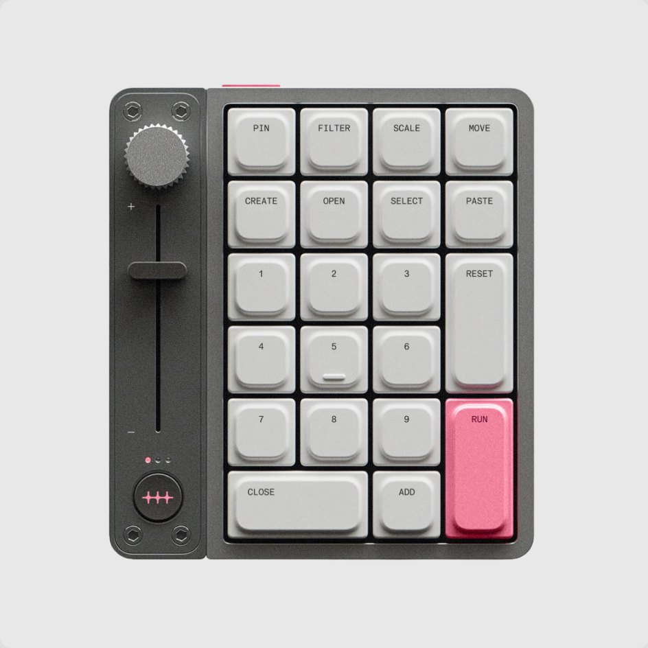 A gray macro keypad with one pink key and a small pink n8n symbol