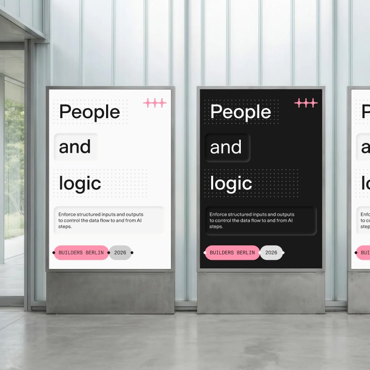 Three “People and logic” posters in a lobby, one each in Light, Dark, and Maker mode