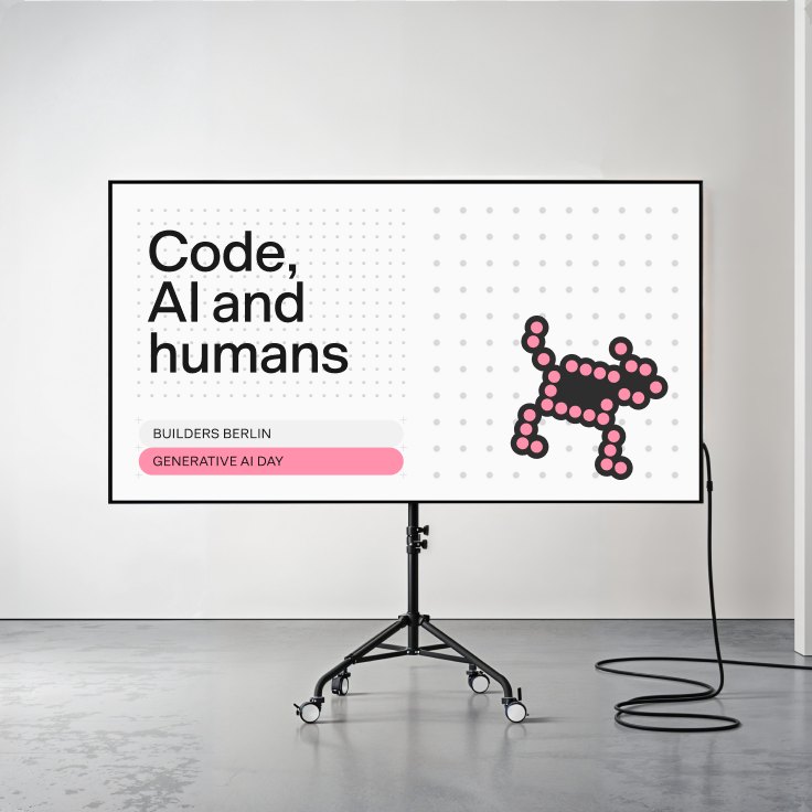A “Code, AI and humans” event screen with a pixel illustration on a dot grid