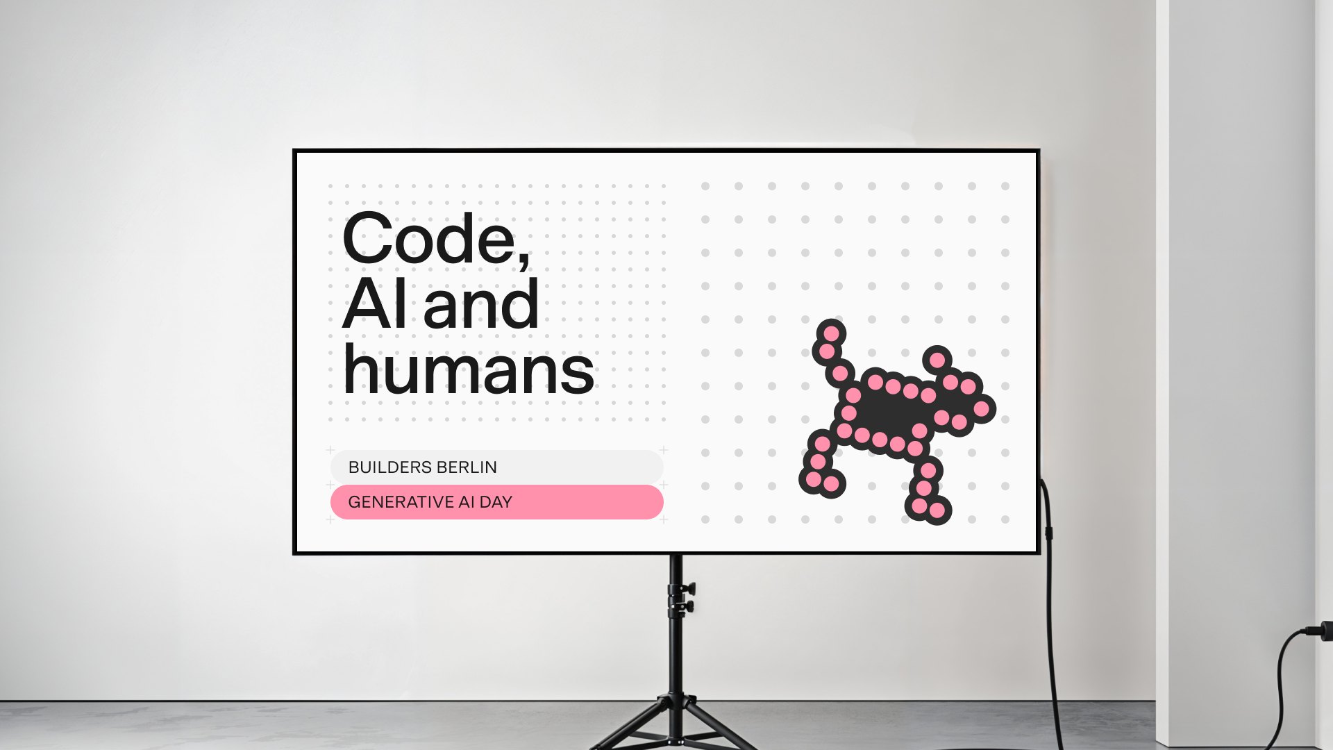 A “Code, AI and humans” event screen with a pixel illustration on a dot grid