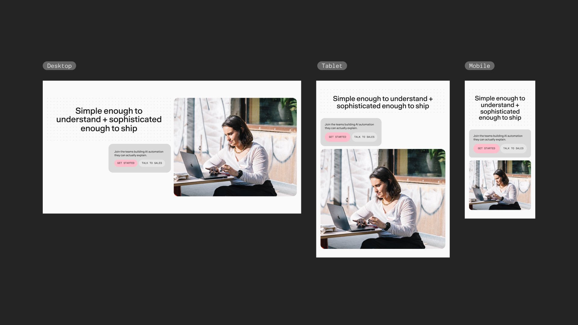One layout on the dot grid at desktop, tablet, and mobile sizes