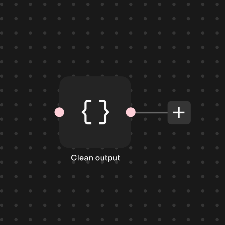 A node with a code icon connected to a plus button, labeled “Clean output”, on a dark dot grid