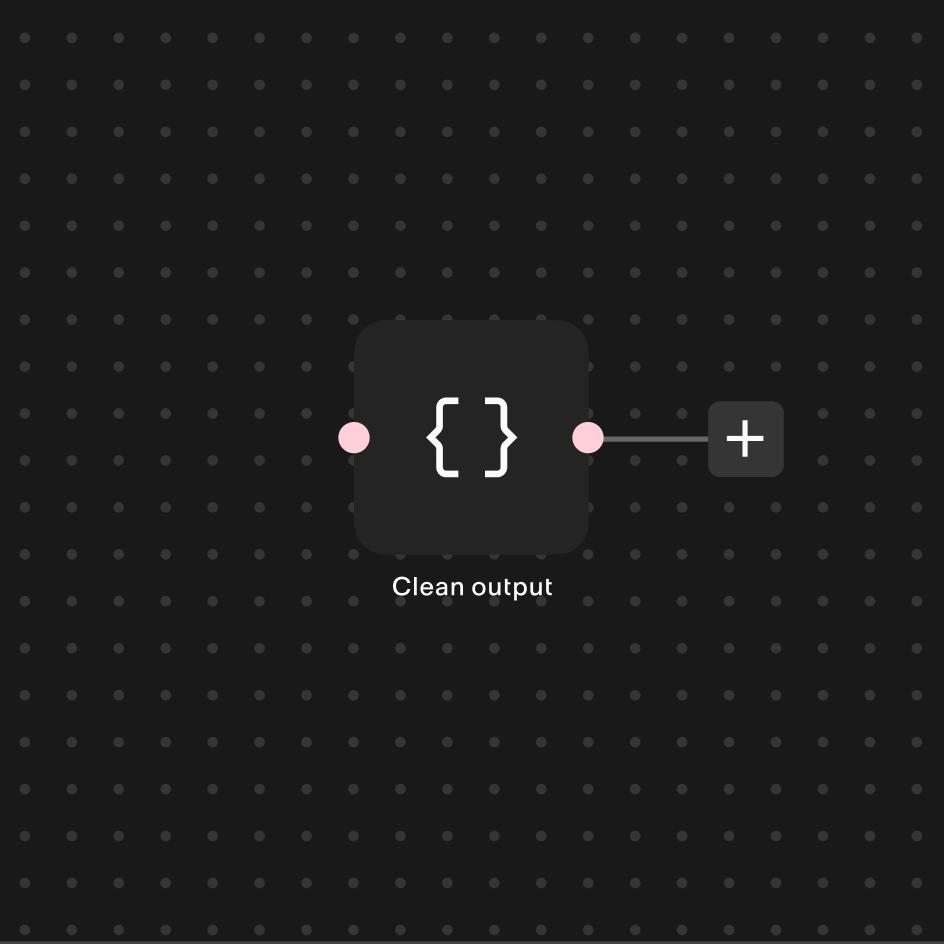 A node with a code icon connected to a plus button, labeled “Clean output”, on a dark dot grid
