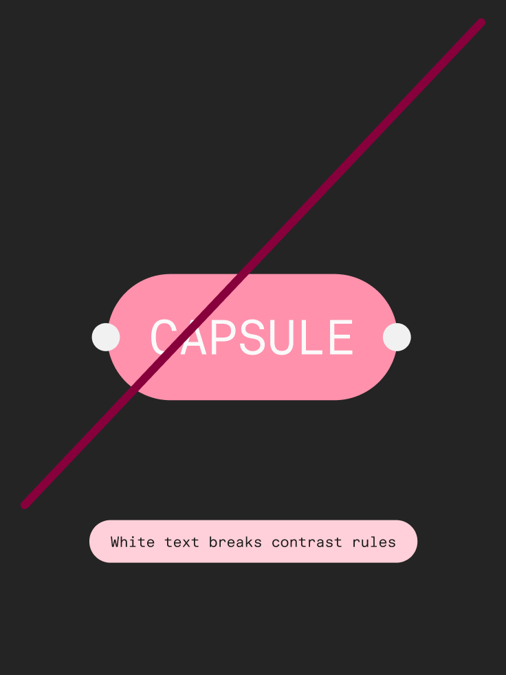 Don’t: a pink capsule with white text on a dark background, crossed out
