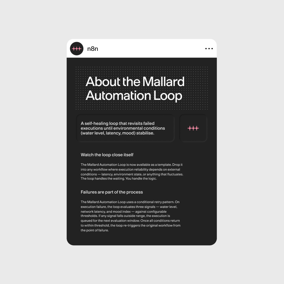Dark mobile card “About the Mallard Automation Loop” in a debossed frame