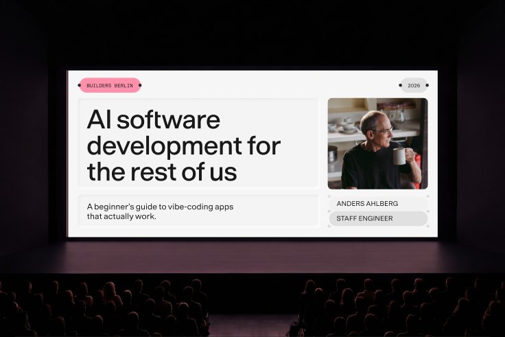 Event screen: “AI software development for the rest of us” on debossed panels