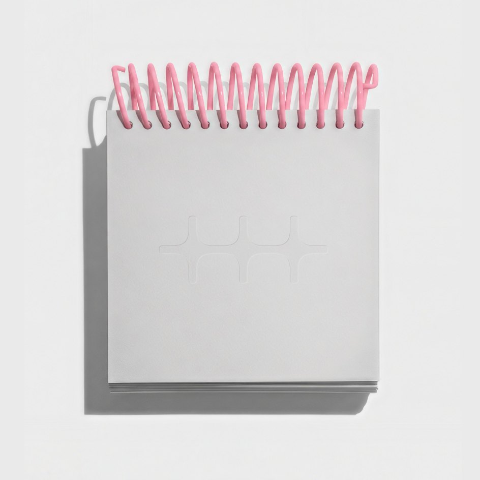 A physically debossed notebook with a pink spiral binding