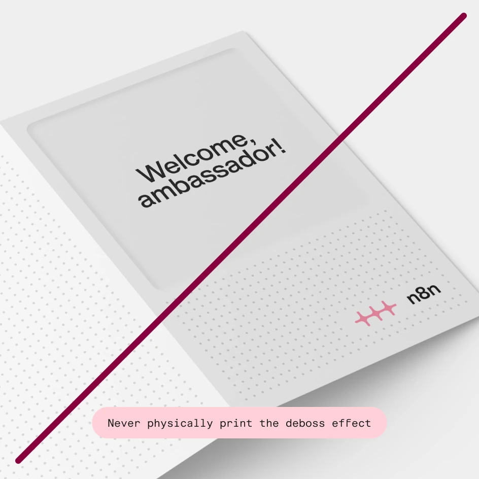Don’t: a printed sheet using the digital deboss effect, crossed out