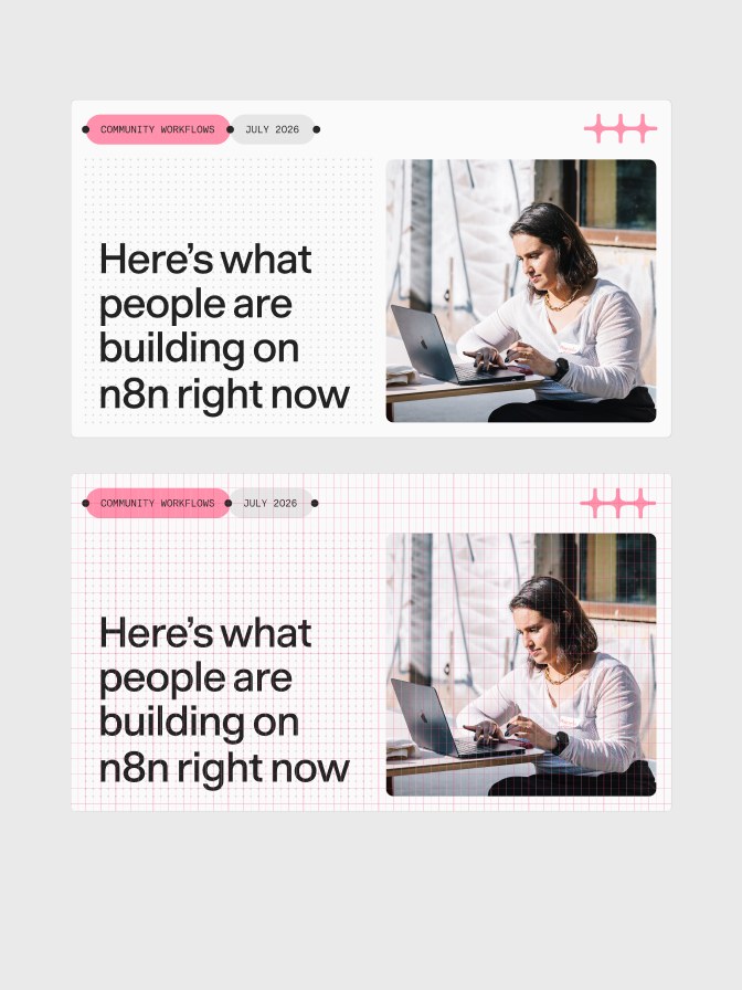 Community Workflows card: “Here’s what people are building on n8n right now” beside a photo of someone at a laptop