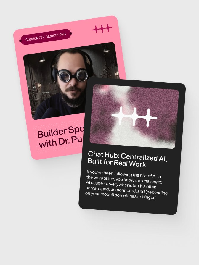 Three social cards: Builder Spotlight, Chat Hub, and “Code, Chaos & Control”, each carrying the n8n symbol