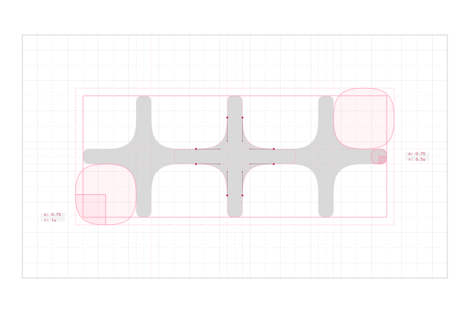Construction of the n8n symbol on its grid, with the rounded joins and node spacing marked