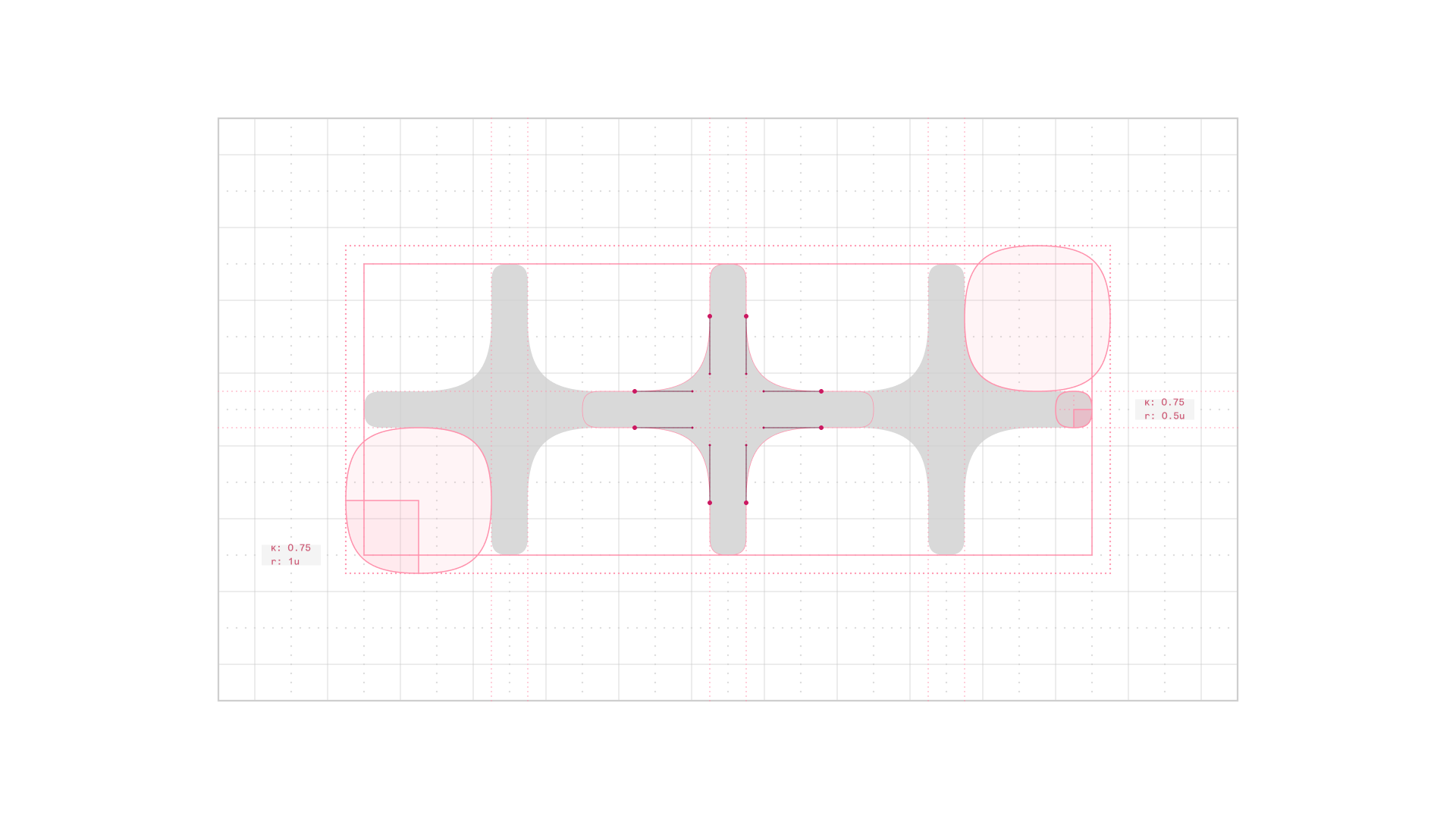 Construction of the n8n symbol on its grid, with the rounded joins and node spacing marked