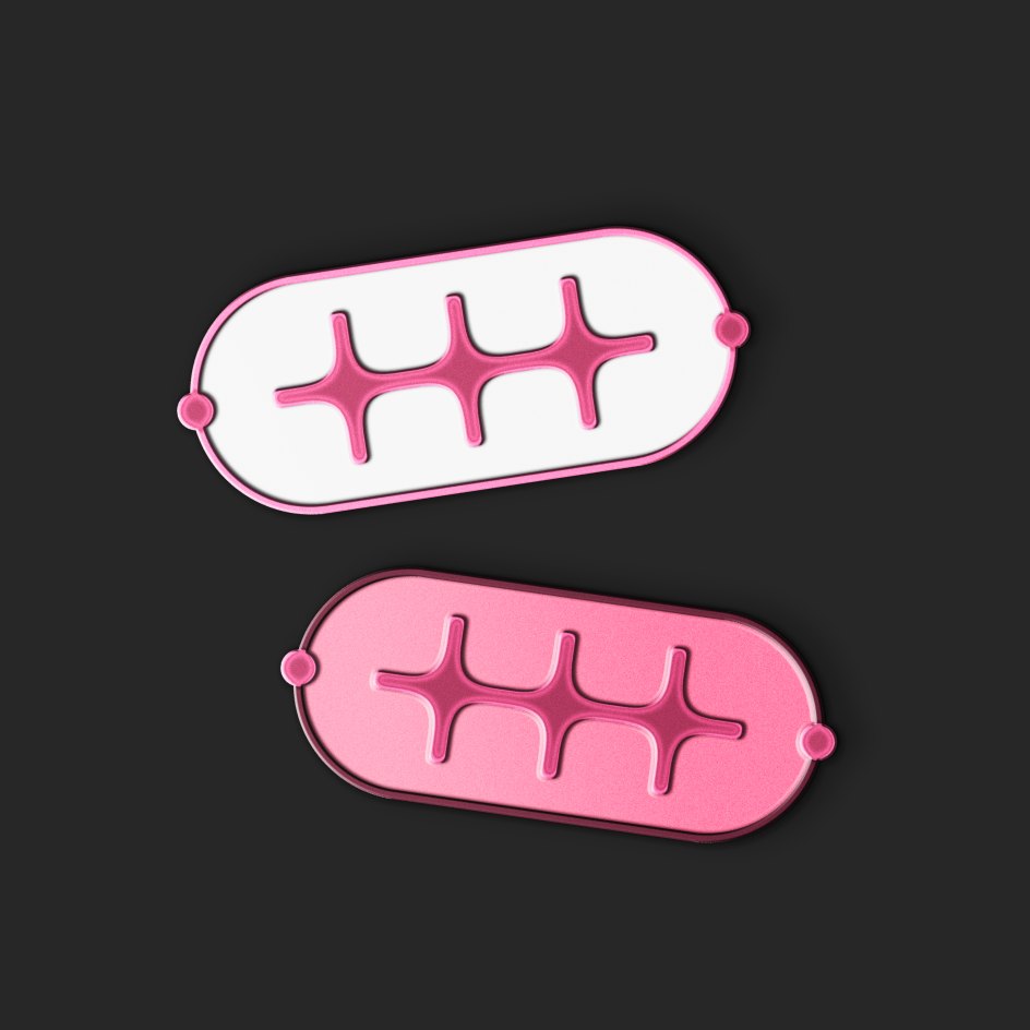 Two enamel pins of the n8n symbol, pink on white and pink on pink