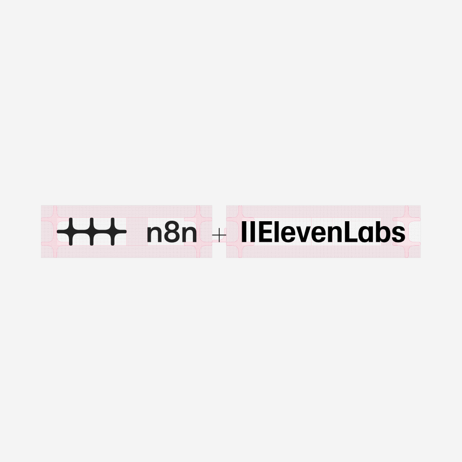 Horizontal partnership lockup: the n8n logo, a small plus, then the ElevenLabs logo, each with its clear space marked