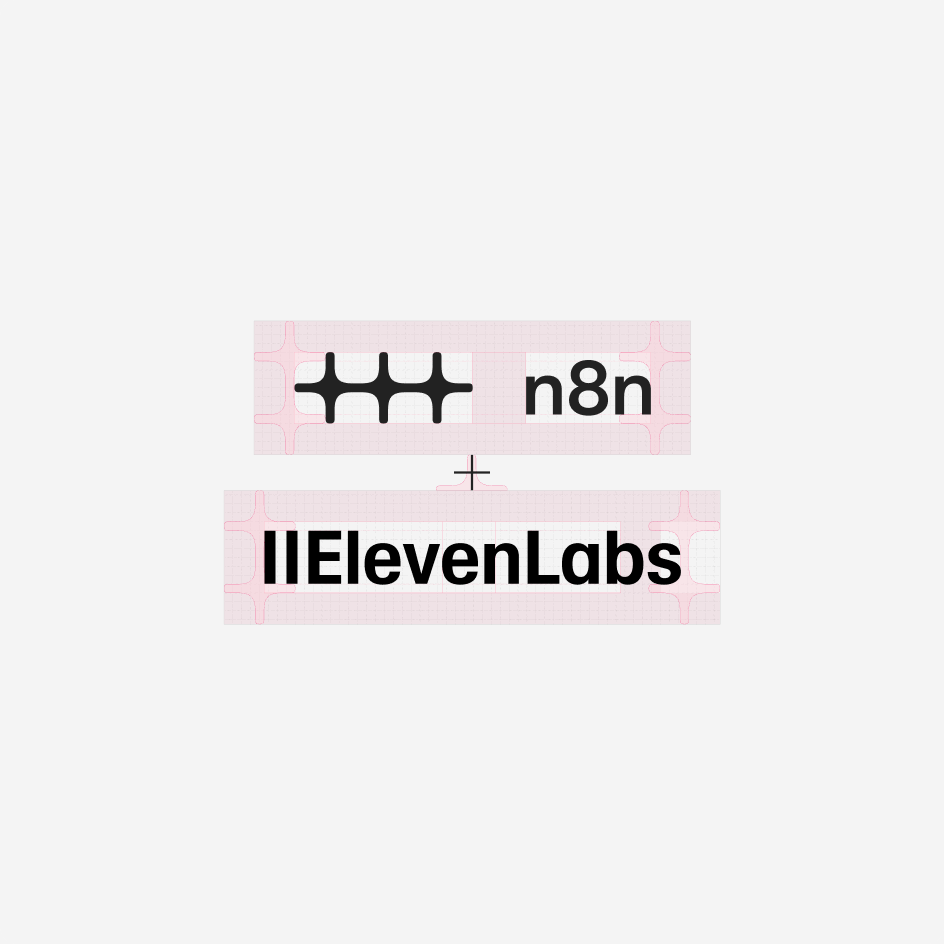 Vertical partnership lockup: the n8n logo on top, a small plus, and the ElevenLabs logo below, each with its clear space marked