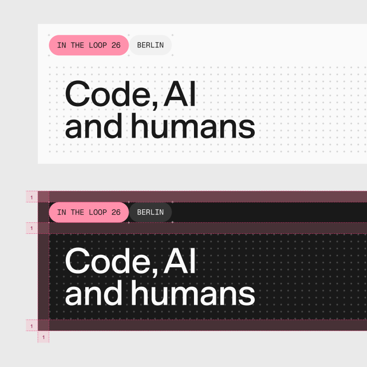 The “Code, AI and humans” speaker banner in light and dark, with its grid and margins marked