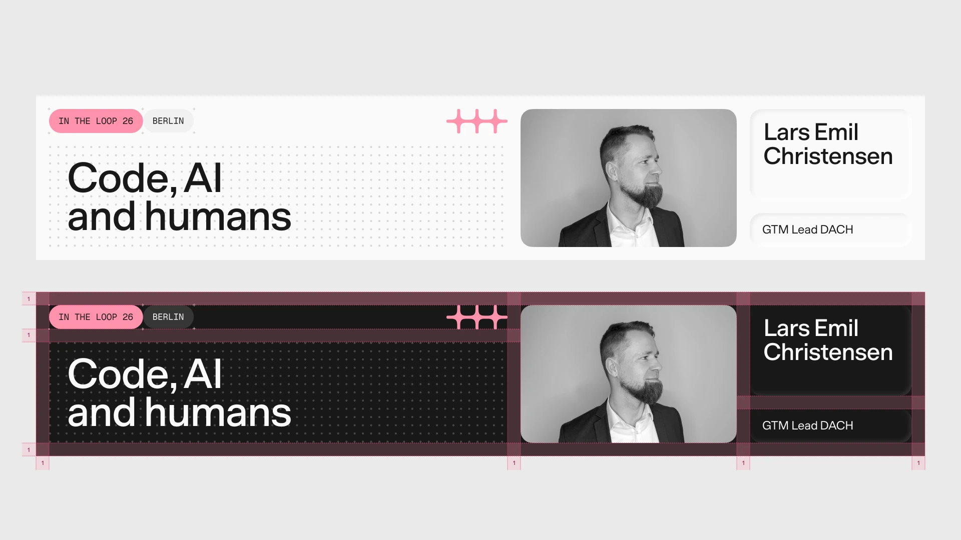 The “Code, AI and humans” speaker banner in light and dark, with its grid and margins marked
