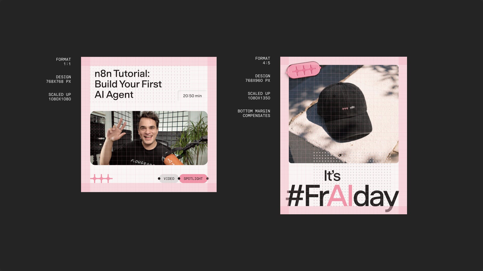 Two social posts on the grid: a 1:1 n8n tutorial card and a 4:5 “It’s #FrAIday” post, with their design and export sizes