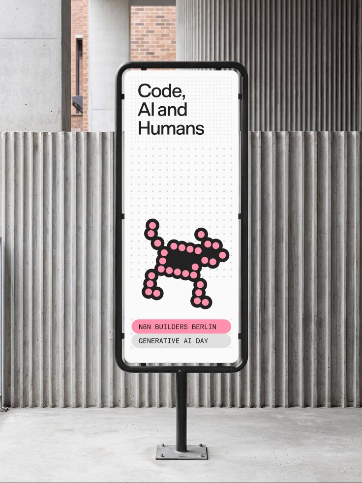A street poster for “Code, AI and Humans” with a pixel illustration breaking out of the grid