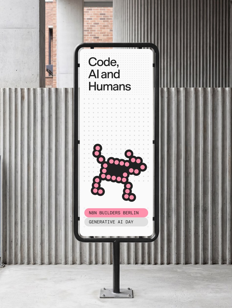 A street poster for “Code, AI and Humans” with a pixel illustration breaking out of the grid