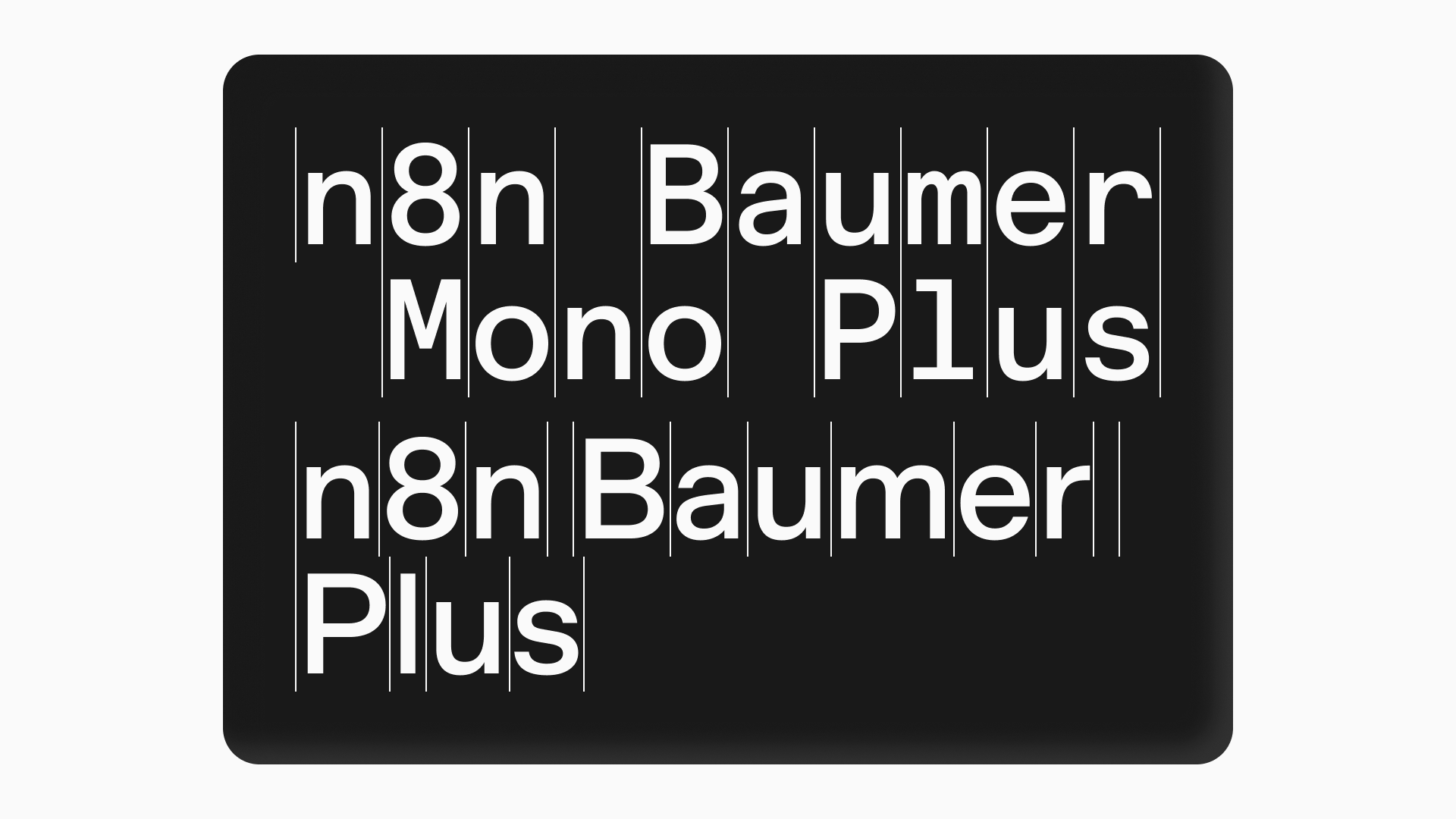 “n8n Baumer Mono Plus” and “n8n Baumer Plus” set large in white on black, with the glyph boundaries marked
