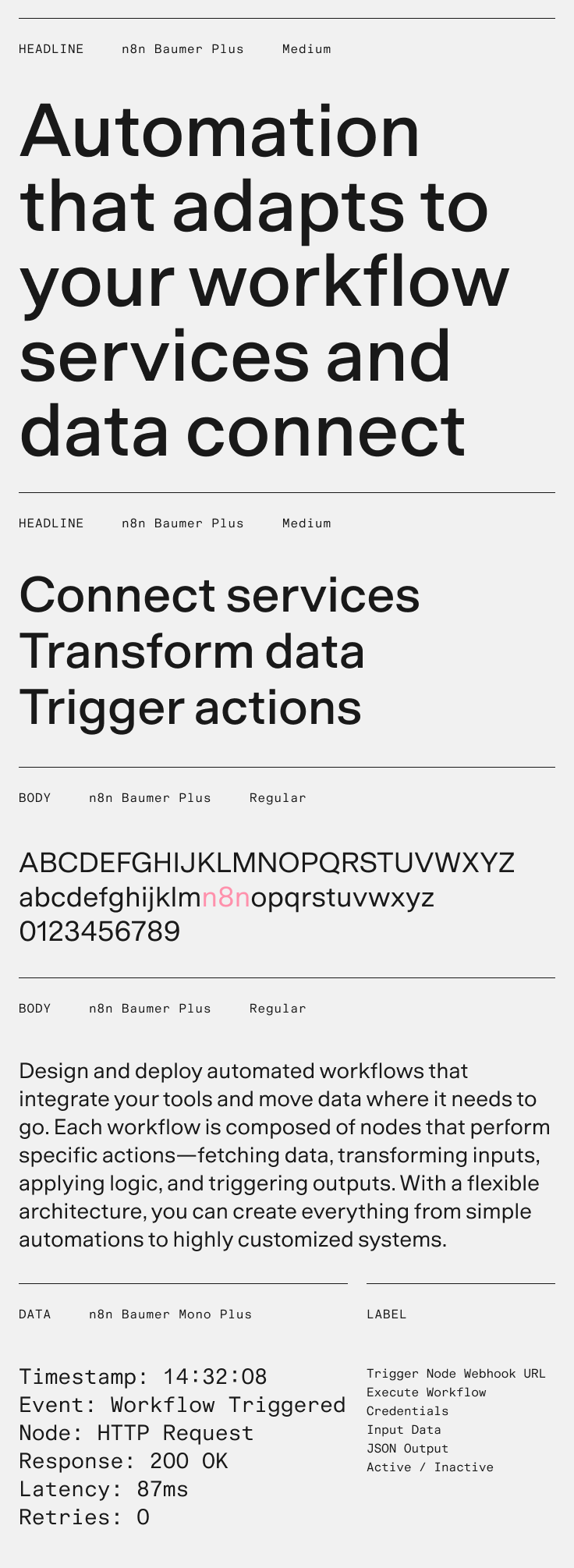A type specimen: headlines in n8n Baumer Plus Medium, body copy in n8n Baumer Plus Regular, and data and labels in n8n Baumer Mono Plus