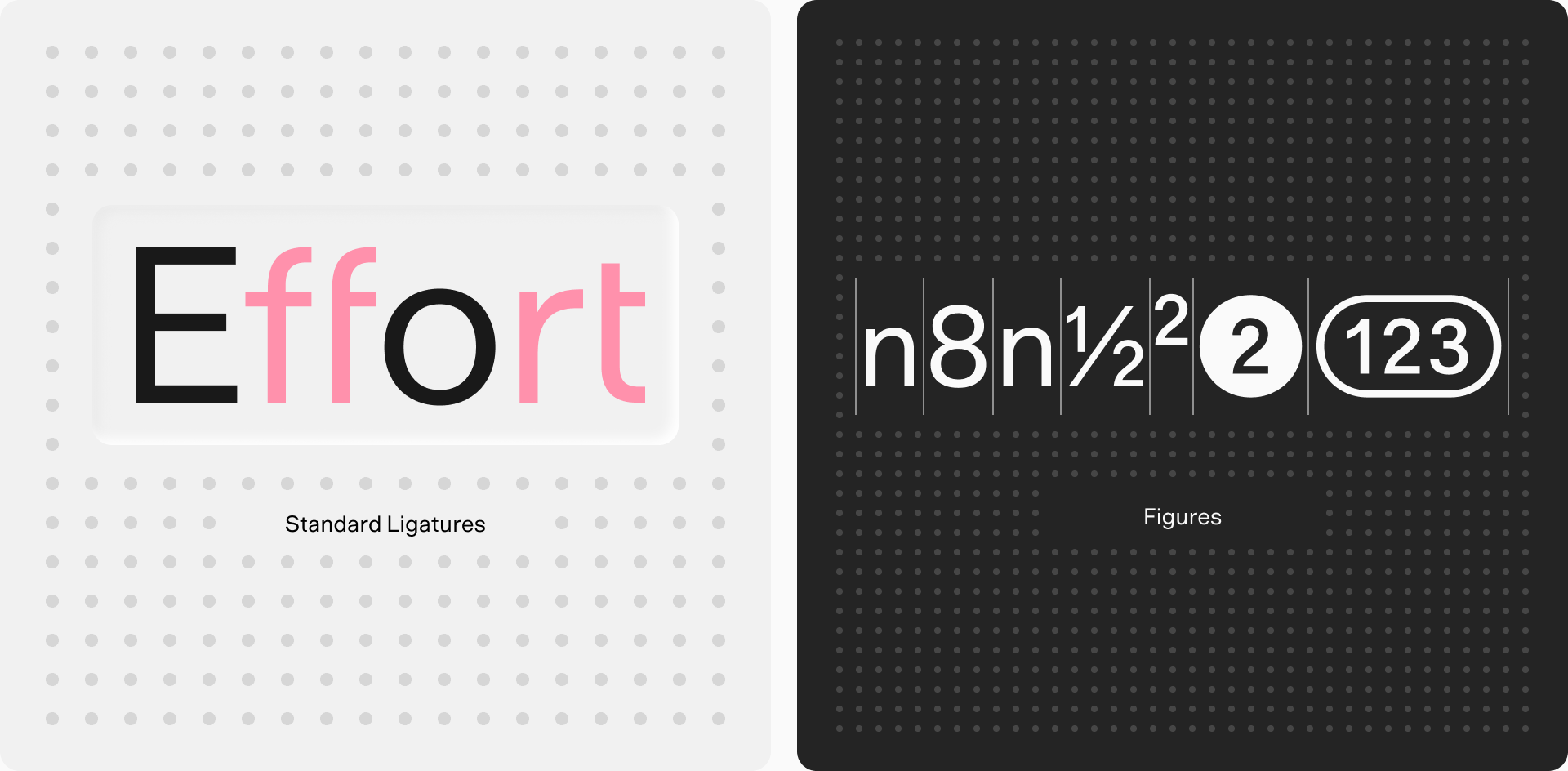 The word “Effort” showing the standard ligatures in pink, and n8n Baumer’s figures: fractions, superscripts, and circled numbers