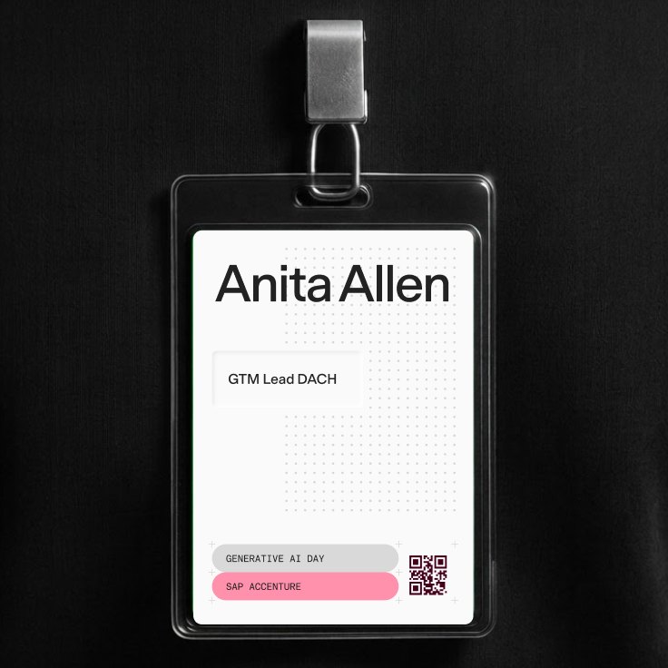 A conference lanyard badge reading “Anita Allen, GTM Lead DACH”