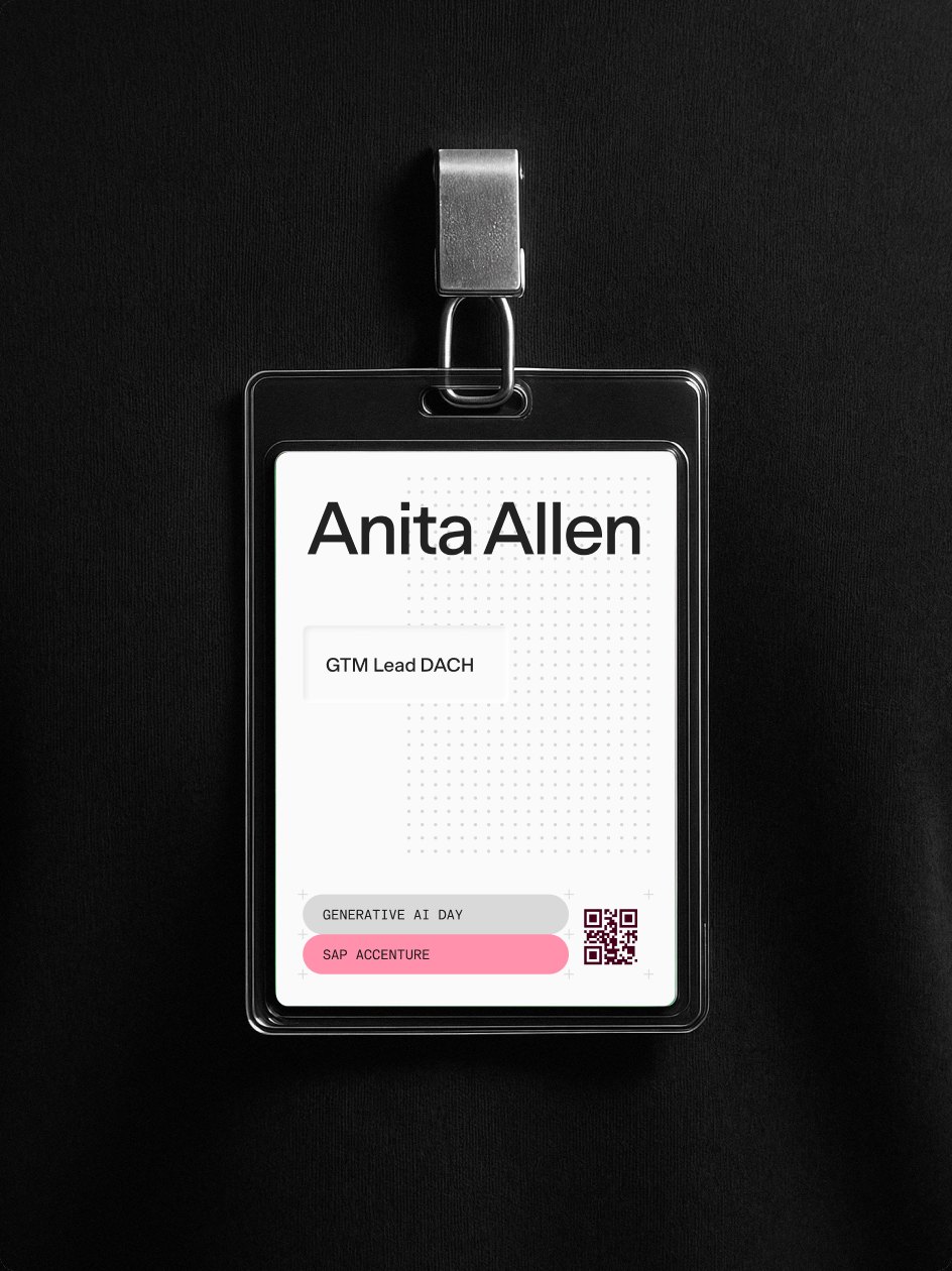 A conference lanyard badge reading “Anita Allen, GTM Lead DACH”