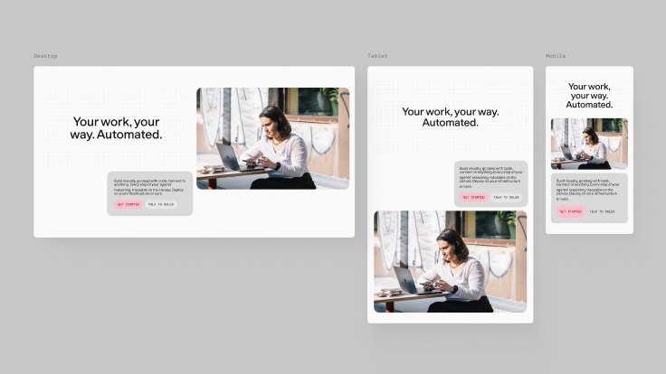 A “Your work, your way. Automated.” web page shown at desktop, tablet, and mobile sizes