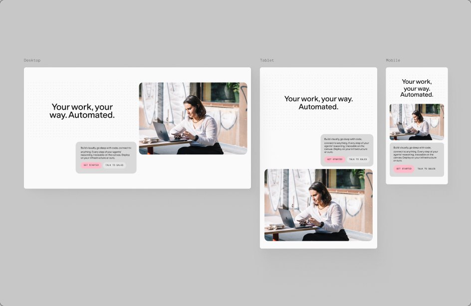 A “Your work, your way. Automated.” web page shown at desktop, tablet, and mobile sizes