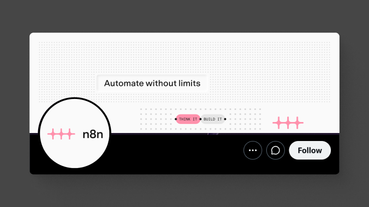 A social profile banner reading “Automate without limits” with “Think it” and “Build it” capsules