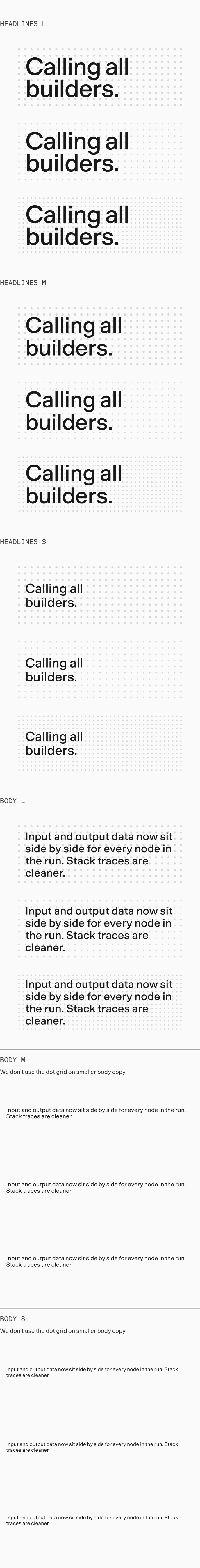 Headlines in large, medium, and small sizes set on the dot grid with balanced margins, and body copy in three sizes where only the largest sits on the grid