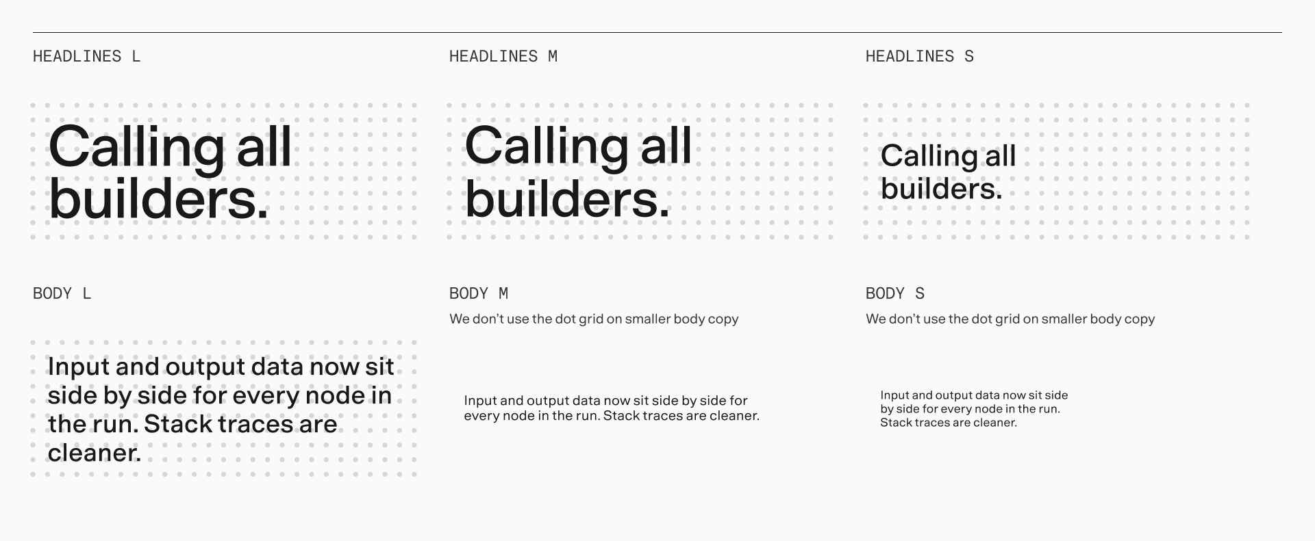 Headlines in large, medium, and small sizes set on the dot grid with balanced margins, and body copy in three sizes where only the largest sits on the grid