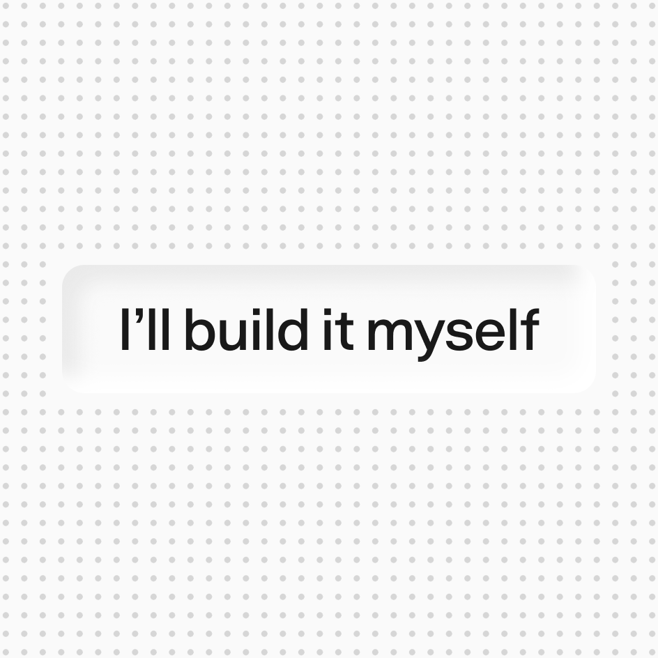 “I’ll build it myself” on one line in a large debossed panel on the dot grid
